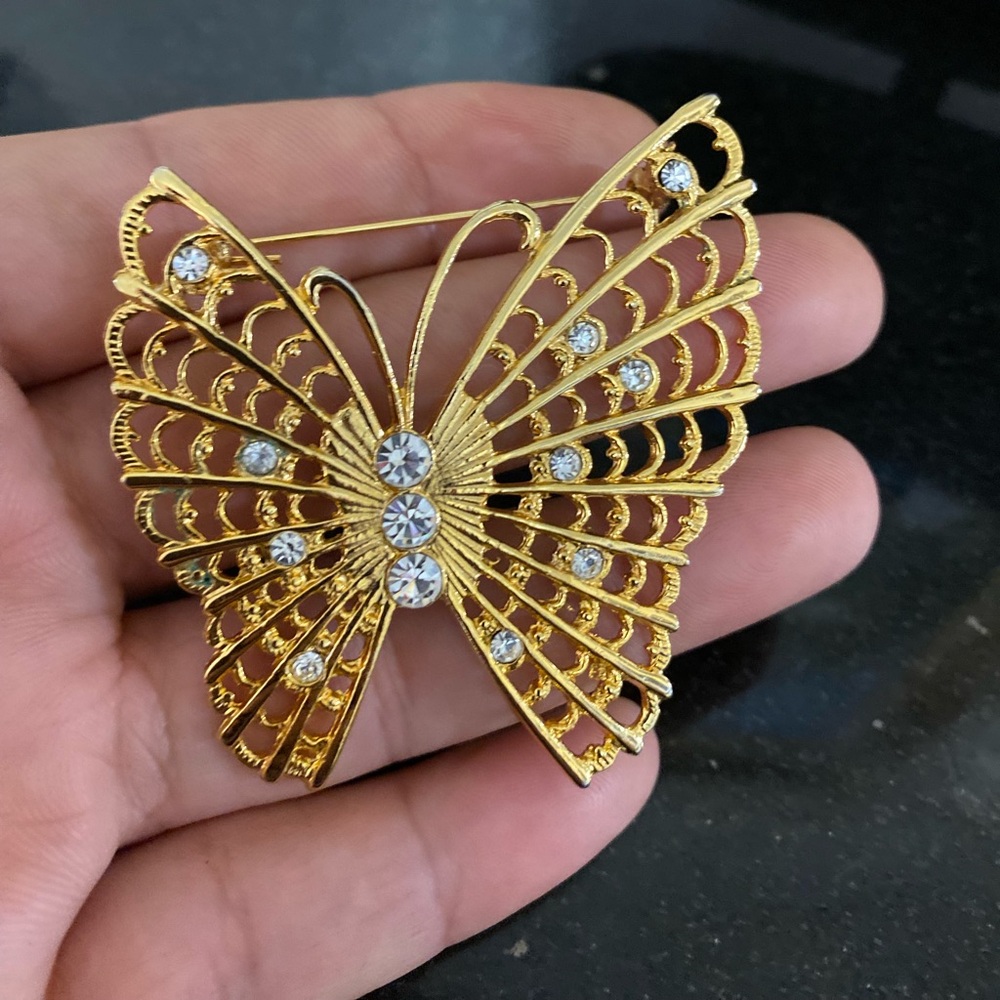 Vintage Gold-tone Butterfly Brooch with Clear Crystals